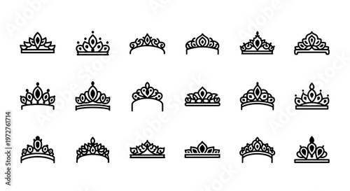 Crown, tiara, royal, icon set, 15 black and white illustrations, vector graphics, luxury, jewelry, symbol, emblem, royalty, monarch, decorative, ornate, design elements