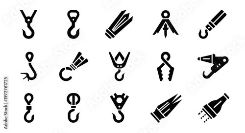 Black hook icons, rope clip symbols, lifting equipment, industrial tools, 16 vector graphics