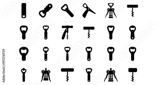 Black wine bottle openers, corkscrews, vector icons, 25 elements, wine accessories