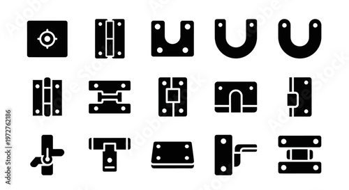 Industrial hinge icons, black metal hardware symbols, 16 bolted joint illustrations, vector graphic set
