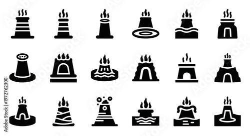 Black Volcano Icons, Volcanic Eruption Symbols, Geology Graphics, 20 Vector Graphics