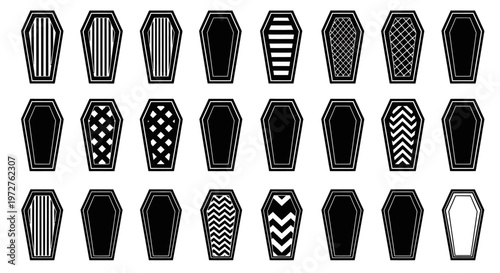 Coffin icons, black and white patterns, 25 coffin shapes, vector graphics