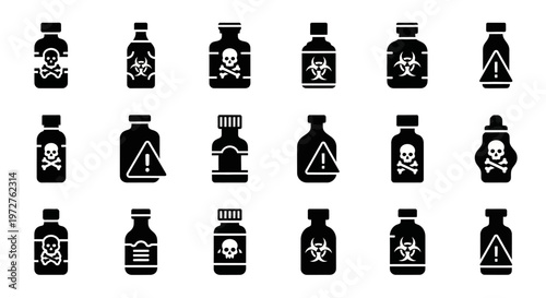 Toxic, Poison, Warning, Hazard icons, 20 black silhouette symbols
