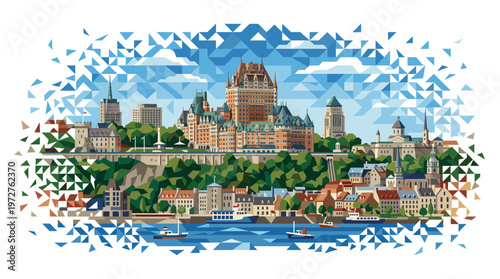 A vibrant, geometric illustration of the historic Fairmont Le Château Frontenac and Quebec City skyline overlooking the Saint Lawrence River.