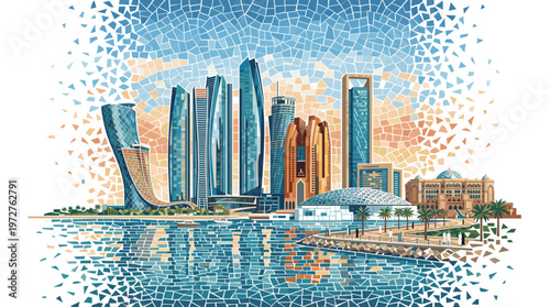 A vibrant mosaic illustration of the Abu Dhabi skyline, showcasing modern skyscrapers and architectural landmarks reflected in the water.