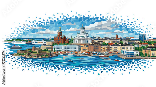A vibrant, detailed illustration of the Helsinki cityscape, showcasing its iconic architecture, bustling harbor, and surrounding islands.