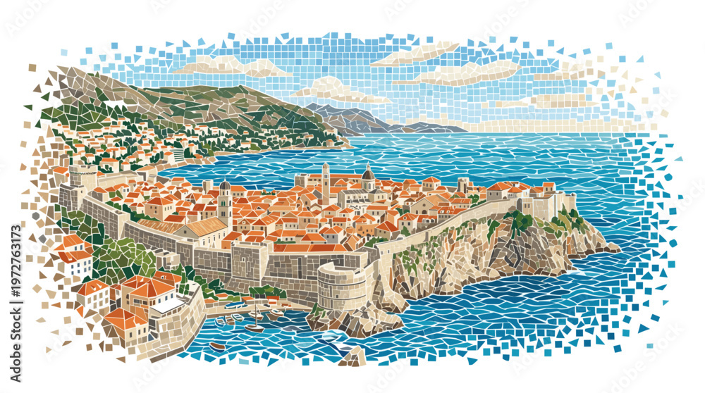 Obraz premium A vibrant, detailed illustration of the historic walled city of Dubrovnik, Croatia, perched on a rocky peninsula overlooking the azure Adriatic Sea.