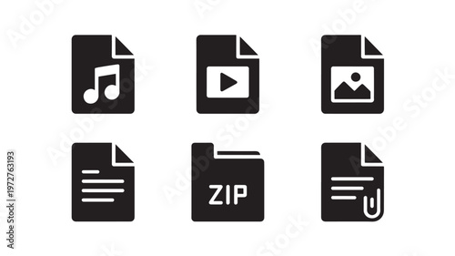 File Icons Set with Music Video Image Document and ZIP Formats for Digital Storage and UI Design