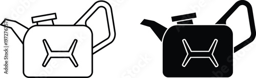 Outline and solid vector icons of a vintage fuel canister or oil can for automotive use. Vector