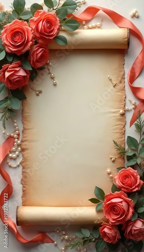Blank old scroll with red roses green leaves and pearls for writing a message. Coral ribbon frames the vintage parchment paper surface. Elegant romantic background for greeting card.