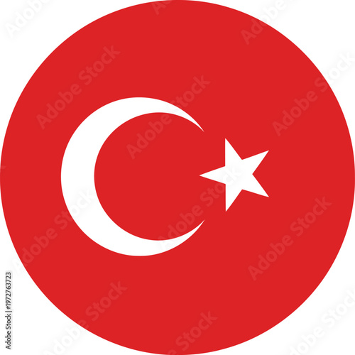 Circular national flag of turkey with a white crescent moon and star on a red background Vector