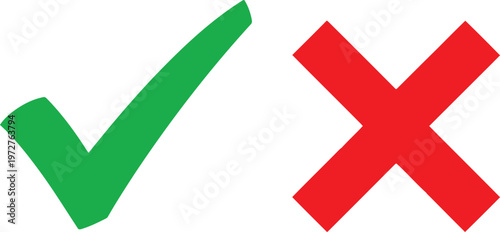 Green check mark and red cross symbols isolated on a white background for decision making Vector