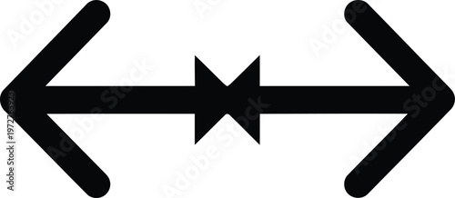 Black horizontal double arrow icon with a central cross symbol on a white background. Vector
