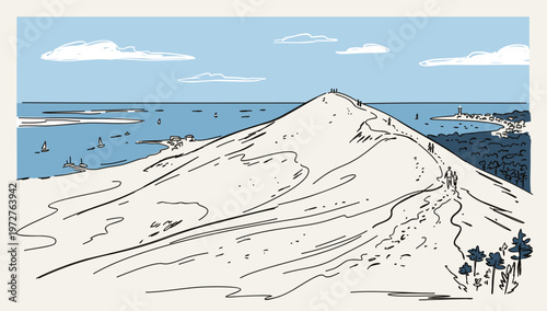 Pilat dune. Huge sand dune in France. Region Bordeaux. Vector hand-drawn sketch