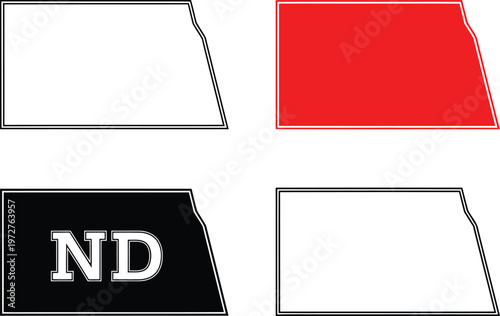 North dakota state map outline icons in black red and with abbreviation nd text Vector