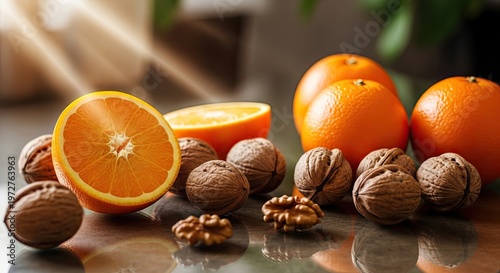 Vibrant oranges and walnuts still life a fresh and nutritious composition