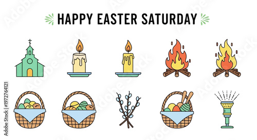 Colorful line art icons for Easter Saturday church, lit candles, bonfires, egg baskets, pussy willow, and chalice symbols for holiday celebration