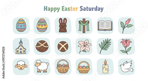 Happy Easter Saturday icon collection. Festive spring symbols like eggs, bunnies, church, cross, lilies, and lamb. Ideal for holiday designs
