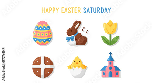 Flat design Easter Saturday vector collection. Icons egg, chocolate bunny, tulip, hot cross bun, chick, church. Ideal for festive holiday projects