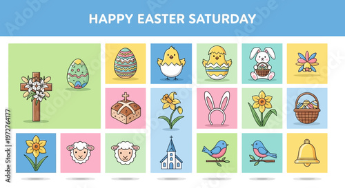 Happy Easter Saturday Collection Of Cute Cartoon Illustrations Featuring Easter Eggs, Chicks, Rabbits, And Spring Flowers