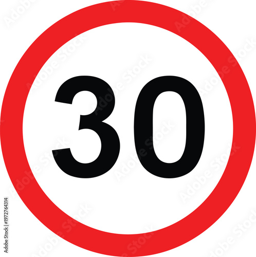 A circular road sign with a red border and the number thirty in black on a white background. Vector