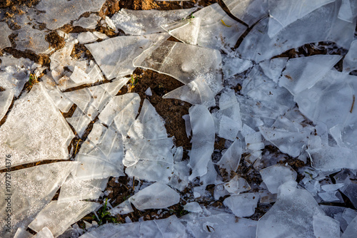 Obraz na płótnie Shards of clear broken ice covering the wet brown dirt road