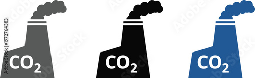Set of factory icons with co2 text representing industrial carbon emissions and pollution. Vector