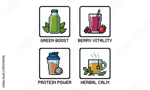 A digital illustration shows four different healthy drink options on a white background including green juice protein shake pink smoothie and herbal tea.