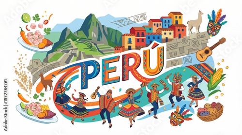 Vibrant Peruvian Culture and Landmark Illustration with Machu Picchu and Traditional Dancers