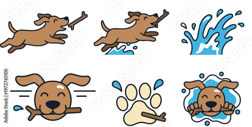 Flat design playful dog fetch icon set showing brown dog running and catching stick with splash and paw closeup vector
