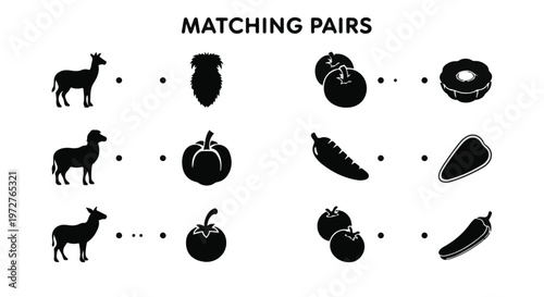 Matching pairs game for kids educational activity with llama and vegetable silhouettes black and white