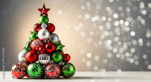 Festive Christmas tree composed of red green and silver baubles. Elegant holiday ornament collection with star topper.
