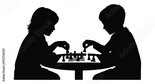 Silhouette of two children playing chess together at table in black and white illustration