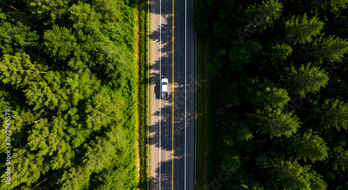 Vertical top down aerial view of car on straight highway. Asphalt road cutting through dense green forest canopy.