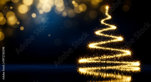 Abstract golden glitter Christmas tree with bokeh lights on navy blue background. Elegant festive greeting card art.