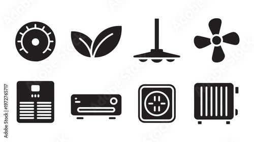 HVAC Icons Black Vector Set for Heating, Cooling, Thermostat and Energy Efficiency Systems