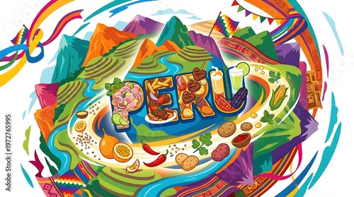 Colorful Peru Travel Poster with Andean Landscapes Traditional Cuisine and Cultural Elements