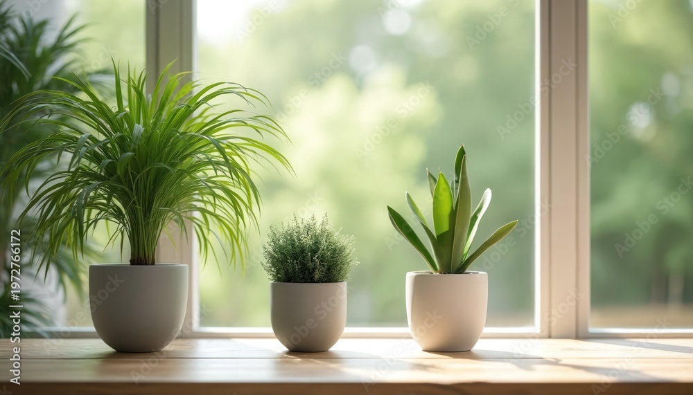 Fototapeta premium Three green potted plants on a wooden table near a window. Rich foliage and bright natural light create a serene indoor atmosphere. Houseplants bring nature into home decor.
