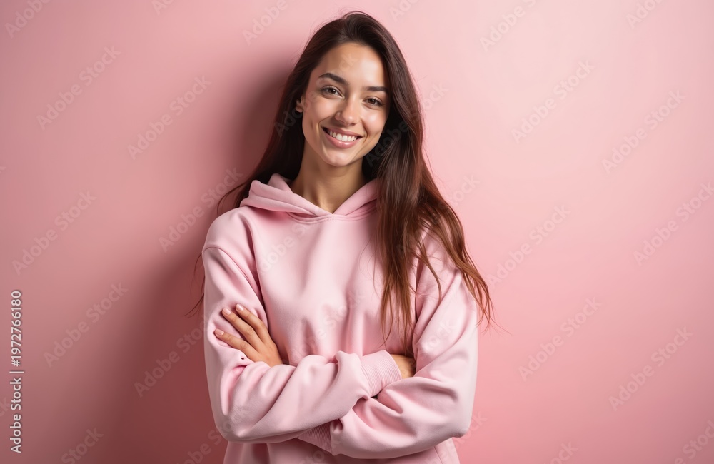 Fototapeta premium Young woman with long brown hair smiles confidently. She wears a pink hoodie with arms crossed against a pink background. Casual fashion portrait.