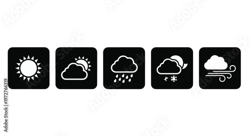 Set of black weather icons on square backgrounds isolated on white.