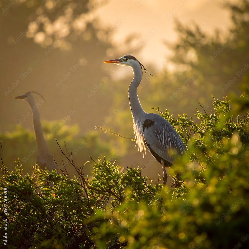 Fototapeta premium Two tall, slender-necked birds are seen amidst sun-dappled foliage. A hazy golden light adds a dreamy feel