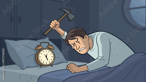 A cartoon man is aggressively hitting an alarm clock with an axe while lying in bed.