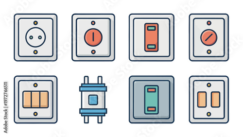 A set of colorful electrical outlet and switch icons on a white background
