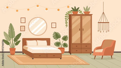 A cozy bedroom with a bed, wardrobe, and chair, surrounded by plants and decorative items
