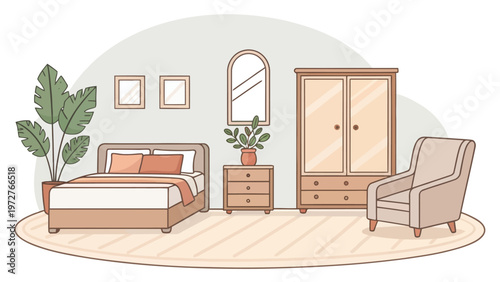 A cozy bedroom with a bed, dresser, and chair in a minimalist interior design