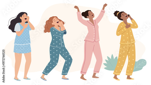 Four women in colorful pajamas singing and dancing together in a joyful moment of friendship and celebration