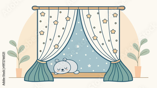 A cartoon bear sleeps peacefully on a windowsill under starry curtains