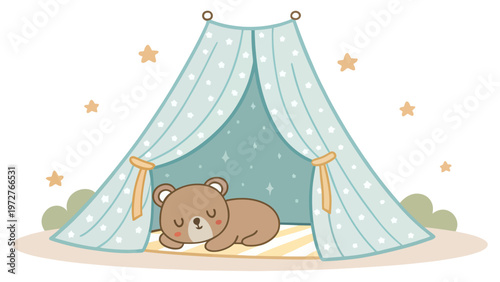 A cartoon bear sleeping peacefully inside a cozy tent under starry night sky