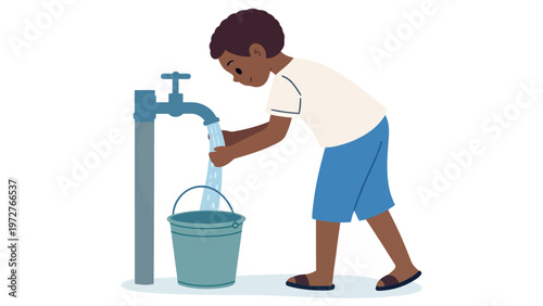 A young boy filling a bucket with water from an outdoor faucet
