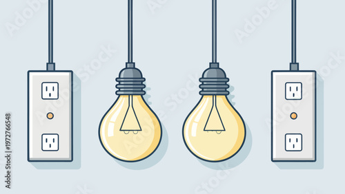 An illustration of two illuminated light bulbs connected to power outlets on a pale background